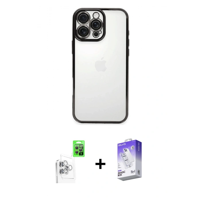 MARSİLYAN™- iPhone 16 Pro Max Kılıf Vadi Minimal - Siyah Bilvis 5in1 3D Magic Cam Ekran Koruyucu + Raze Metal Kamera Lens - BZ