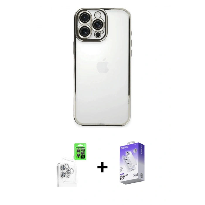 MARSİLYAN™- iPhone 16 Pro Max Kılıf Vadi Minimal - Siyah Bilvis 5in1 3D Magic Cam Ekran Koruyucu + Raze Metal Kamera Lens - BZ