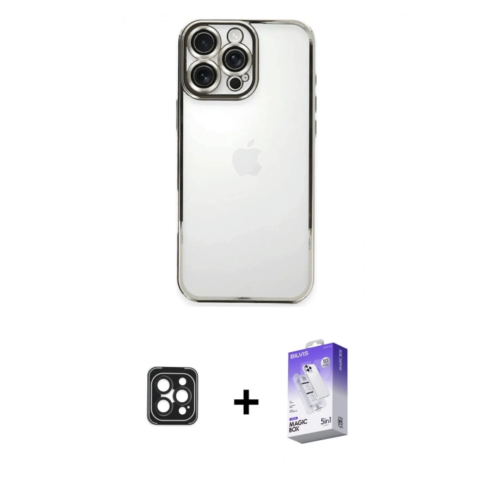 MARSİLYAN™- iPhone 16 Pro Max Kılıf Vadi Minimal - Siyah Bilvis 5in1 3D Magic Cam Ekran Koruyucu + PVD Metal Kamera Lens - SH