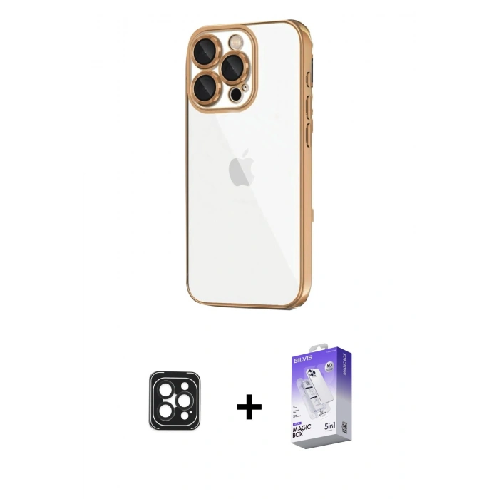 MARSİLYAN™- iPhone 16 Pro Max Kılıf Vadi Minimal - Siyah Bilvis 5in1 3D Magic Cam Ekran Koruyucu + PVD Metal Kamera Lens - SH