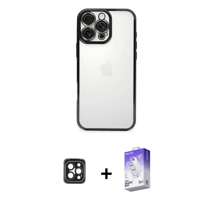 MARSİLYAN™- iPhone 16 Pro Max Kılıf Vadi Minimal - Siyah Bilvis 5in1 3D Magic Cam Ekran Koruyucu + PVD Metal Kamera Lens - SH