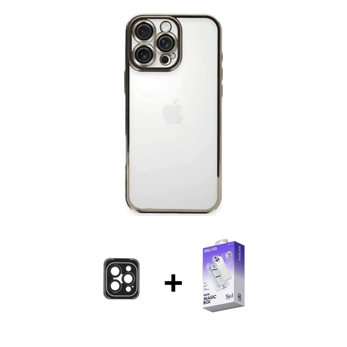 MARSİLYAN™- iPhone 16 Pro Max Kılıf Vadi Minimal - Siyah Bilvis 5in1 3D Magic Cam Ekran Koruyucu + PVD Metal Kamera Lens - SH