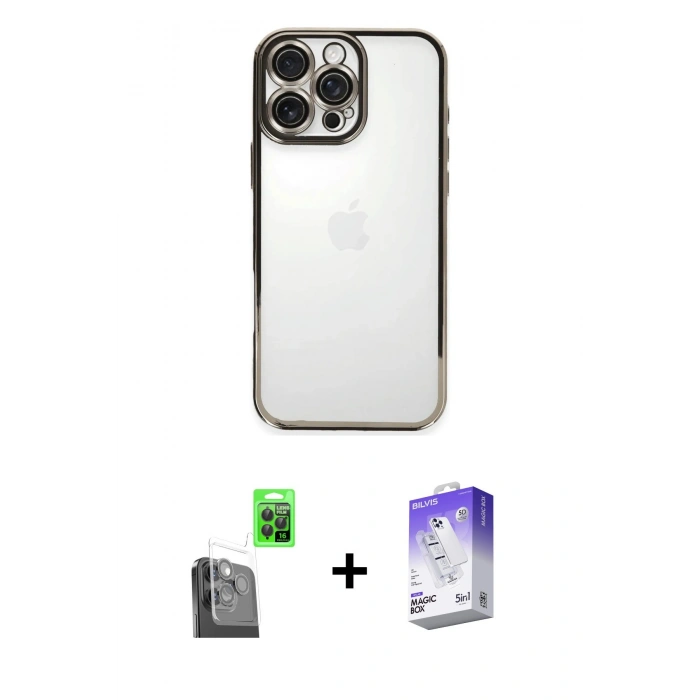 MARSİLYAN™- iPhone 16 Pro Max Kılıf Vadi Minimal - Siyah Bilvis 5in1 3D Magic Cam Ekran Koruyucu + Raze Metal Kamera Lens - SH