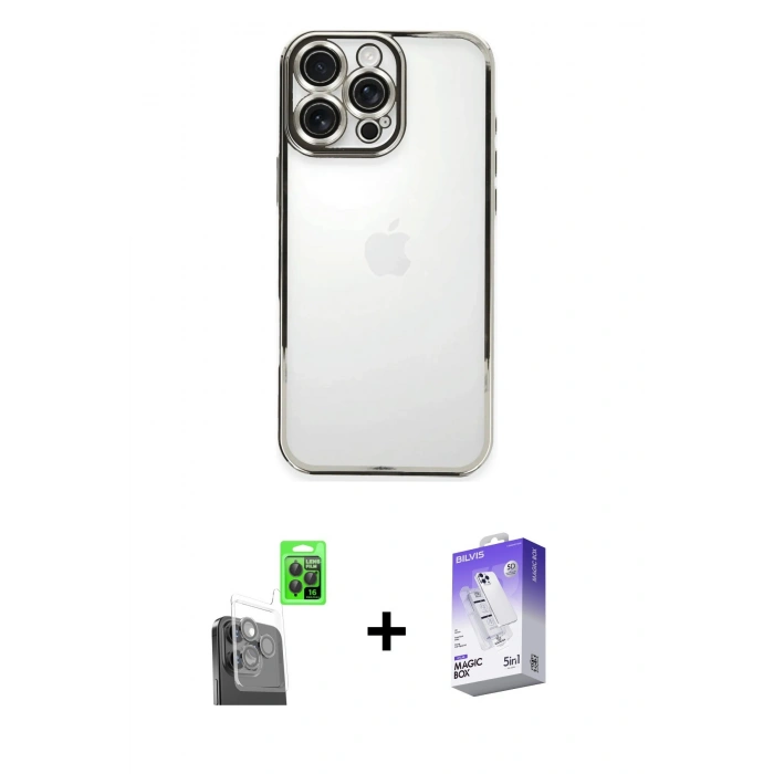 MARSİLYAN™- iPhone 16 Pro Max Kılıf Vadi Minimal - Siyah Bilvis 5in1 3D Magic Cam Ekran Koruyucu + Raze Metal Kamera Lens - SH