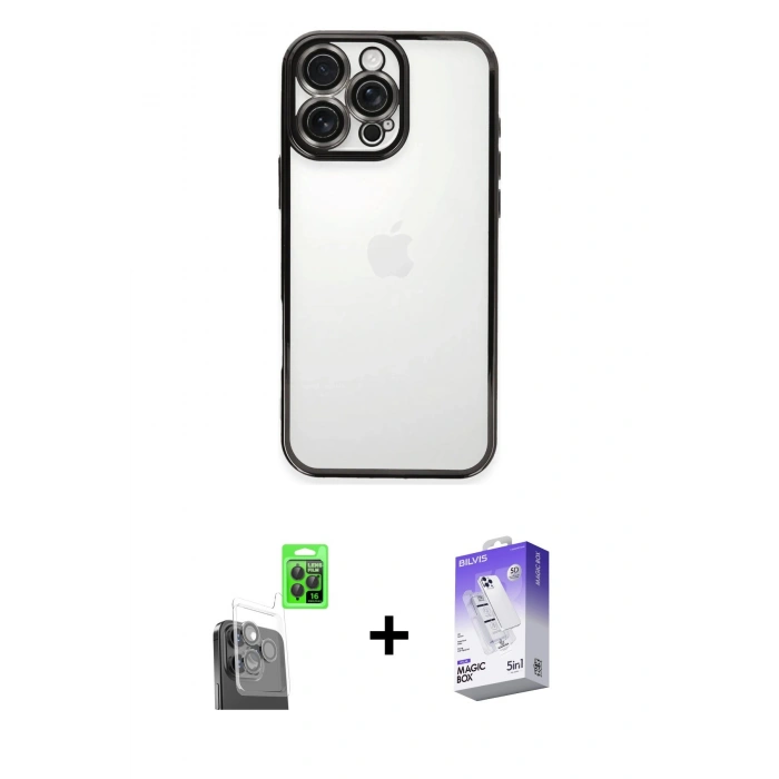 MARSİLYAN™- iPhone 16 Pro Max Kılıf Vadi Minimal - Siyah Bilvis 5in1 3D Magic Cam Ekran Koruyucu + Raze Metal Kamera Lens - SH