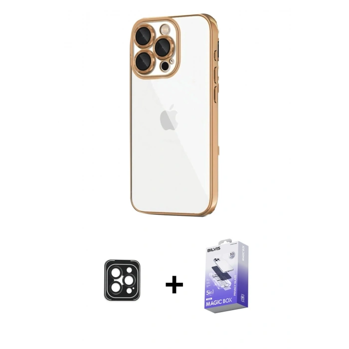 MARSİLYAN™- iPhone 16 Pro Max Kılıf Vadi Minimal - Siyah Bilvis 5in1 5D Magic Hayalet Cam Ekran Koruyucu + PVD Metal Kamera Lens - SH