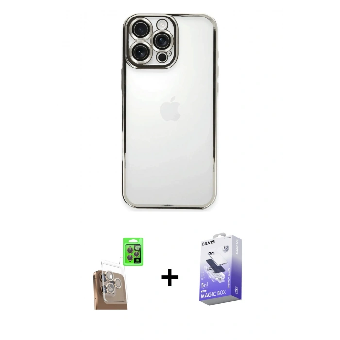 MARSİLYAN™- iPhone 16 Pro Max Kılıf Vadi Minimal - Siyah Bilvis 5in1 5D Magic Hayalet Cam Ekran Koruyucu + Çöl Titanyum Raze Metal Kamera Lens