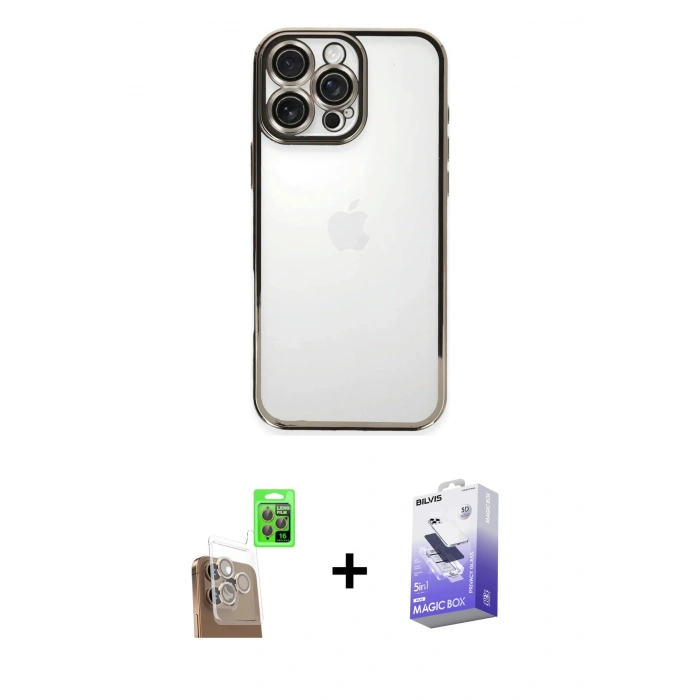 MARSİLYAN™- iPhone 16 Pro Max Kılıf Vadi Minimal - Siyah Bilvis 5in1 5D Magic Hayalet Cam Ekran Koruyucu + Çöl Titanyum Raze Metal Kamera Lens