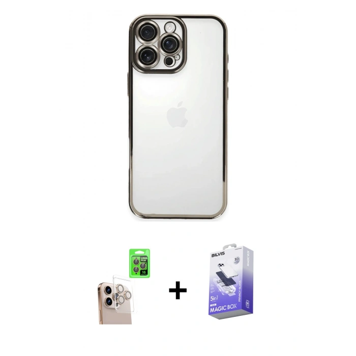 MARSİLYAN™- iPhone 16 Pro Max Kılıf Vadi Minimal - Siyah Bilvis 5in1 5D Magic Hayalet Cam Ekran Koruyucu + Raze Metal Kamera Lens - NLGY