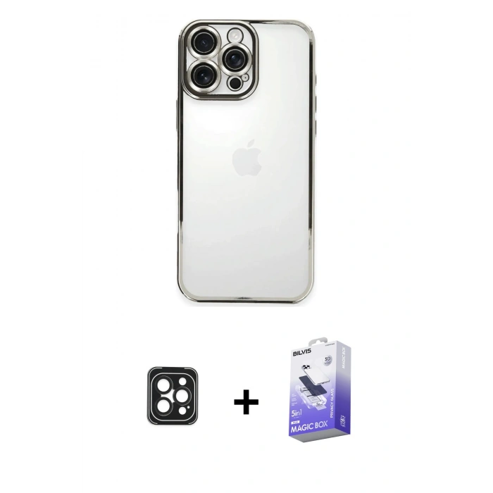 MARSİLYAN™- iPhone 16 Pro Max Kılıf Vadi Minimal - Siyah Bilvis 5in1 5D Magic Hayalet Cam Ekran Koruyucu + PVD Metal Kamera Lens - SH
