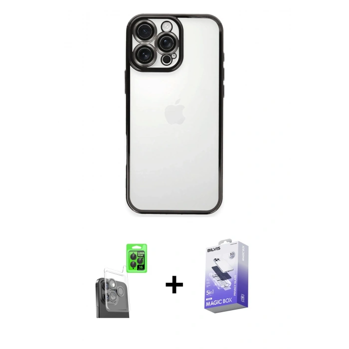 MARSİLYAN™- iPhone 16 Pro Max Kılıf Vadi Minimal - Siyah Bilvis 5in1 5D Magic Hayalet Cam Ekran Koruyucu + Raze Metal Kamera Lens - SH