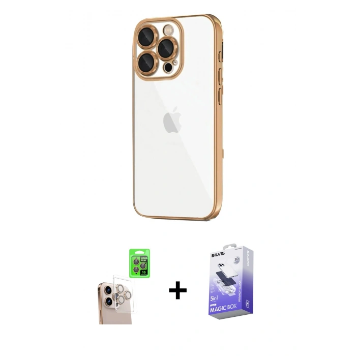 MARSİLYAN™- iPhone 16 Pro Max Kılıf Vadi Minimal - Siyah Bilvis 5in1 5D Magic Hayalet Cam Ekran Koruyucu + Raze Metal Kamera Lens - NLGY