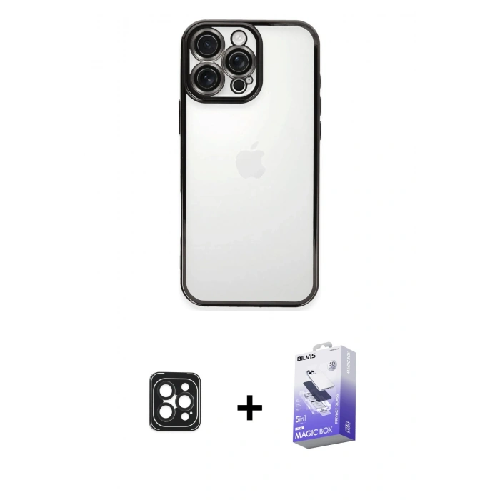 MARSİLYAN™- iPhone 16 Pro Max Kılıf Vadi Minimal - Siyah Bilvis 5in1 5D Magic Hayalet Cam Ekran Koruyucu + PVD Metal Kamera Lens - SH