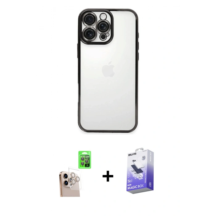 MARSİLYAN™- iPhone 16 Pro Max Kılıf Vadi Minimal - Siyah Bilvis 5in1 5D Magic Hayalet Cam Ekran Koruyucu + Raze Metal Kamera Lens - NLGY