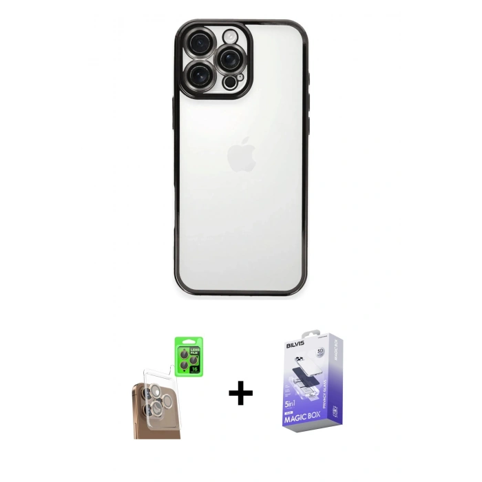 MARSİLYAN™- iPhone 16 Pro Max Kılıf Vadi Minimal - Siyah Bilvis 5in1 5D Magic Hayalet Cam Ekran Koruyucu + Çöl Titanyum Raze Metal Kamera Lens