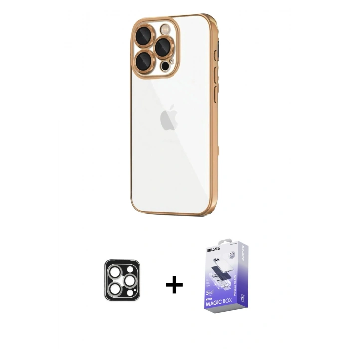 MARSİLYAN™- iPhone 16 Pro Max Kılıf Vadi Minimal - Siyah Bilvis 5in1 5D Magic Hayalet Cam Ekran Koruyucu + PVD Metal Kamera Lens - GS