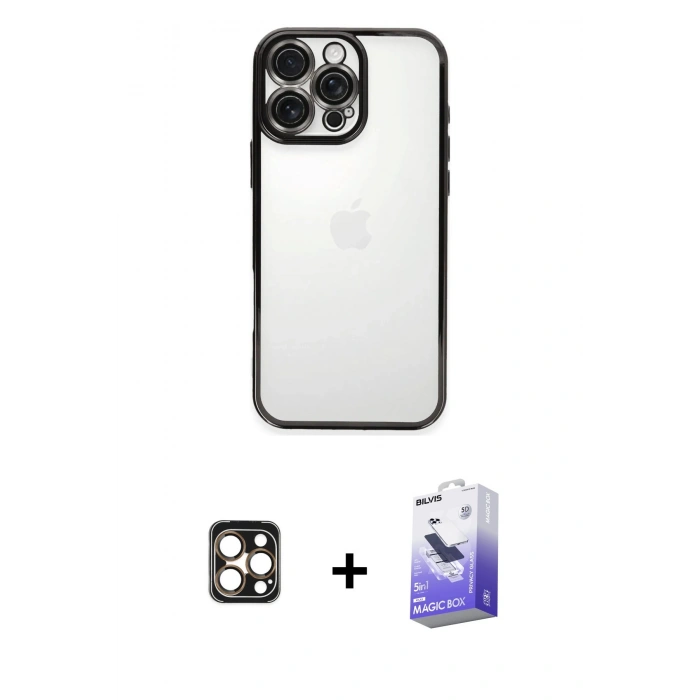 MARSİLYAN™- iPhone 16 Pro Max Kılıf Vadi Minimal - Siyah Bilvis 5in1 5D Magic Hayalet Cam Ekran Koruyucu + PVD Metal Kamera Lens - GD