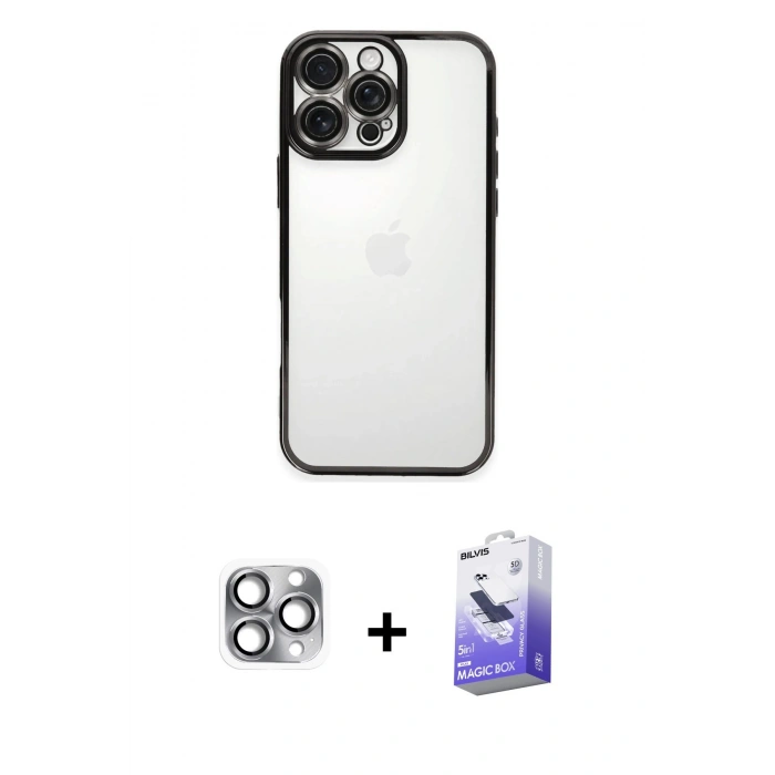 MARSİLYAN™- iPhone 16 Pro Max Kılıf Vadi Minimal - Siyah Bilvis 5in1 5D Magic Hayalet Cam Ekran Koruyucu + Pers Alüminyum Kamera Lens - GI