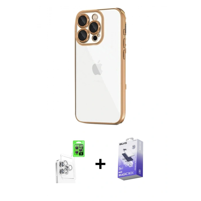 MARSİLYAN™- iPhone 16 Pro Max Kılıf Vadi Minimal - Siyah Bilvis 5in1 5D Magic Hayalet Cam Ekran Koruyucu + Beyaz Raze Metal Kamera Lens