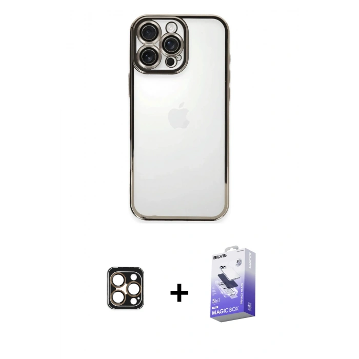 MARSİLYAN™- iPhone 16 Pro Max Kılıf Vadi Minimal - Siyah Bilvis 5in1 5D Magic Hayalet Cam Ekran Koruyucu + PVD Metal Kamera Lens - GD