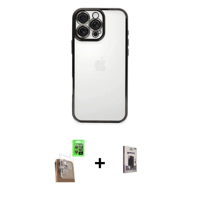 MARSİLYAN™- iPhone 16 Pro Max Kılıf Vadi Minimal - Siyah Bilvis Hayalet Cam Ekran Koruyucu + Raze Metal Kamera Lens - CLTM