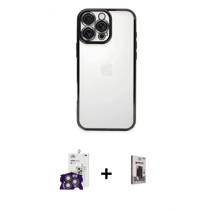 MARSİLYAN™- iPhone 16 Pro Max Kılıf Vadi Minimal - Siyah Bilvis Hayalet Cam Ekran Koruyucu + Bilvis Titan Kamera Lens - GS