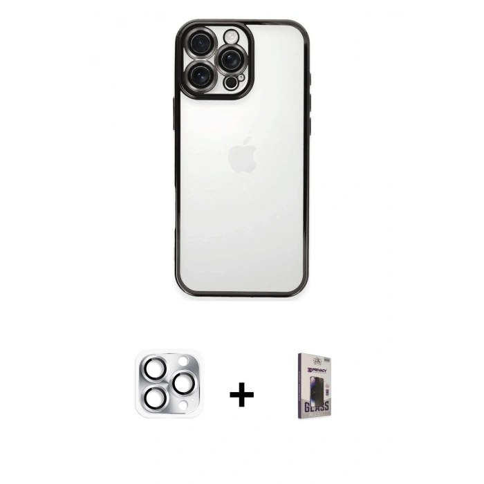 MARSİLYAN™- iPhone 16 Pro Max Kılıf Vadi Minimal - Siyah Bilvis Hayalet Cam Ekran Koruyucu + Pers Alüminyum Kamera Lens - GS