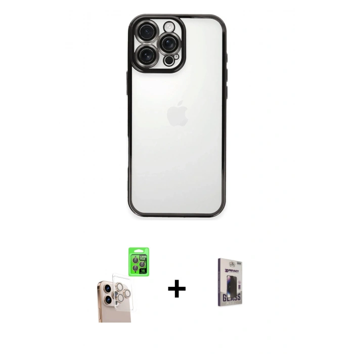 MARSİLYAN™- iPhone 16 Pro Max Kılıf Vadi Minimal - Siyah Bilvis Hayalet Cam Ekran Koruyucu + Raze Metal Kamera Lens - NLGY