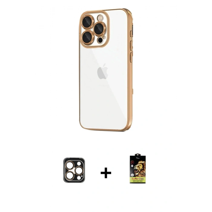 MARSİLYAN™- iPhone 16 Pro Max Kılıf Vadi Minimal - Siyah Buffer Cam Ekran Koruyucu + Gold PVD Metal Kamera Lens