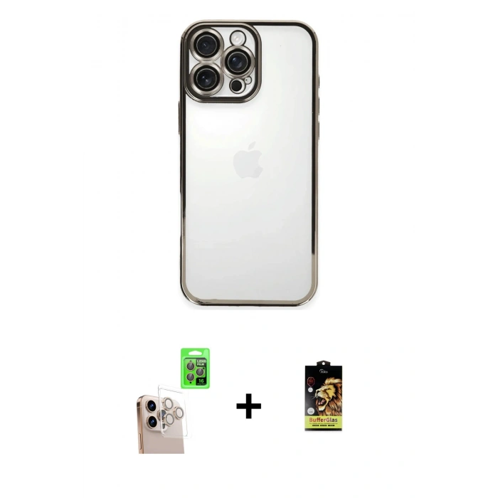 MARSİLYAN™- iPhone 16 Pro Max Kılıf Vadi Minimal - Siyah Buffer Cam Ekran Koruyucu + Raze Metal Kamera Lens - NLGY