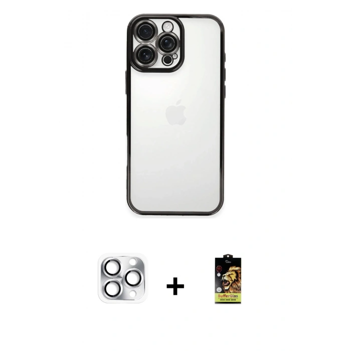 MARSİLYAN™- iPhone 16 Pro Max Kılıf Vadi Minimal - Siyah Buffer Cam Ekran Koruyucu + Pers Alüminyum Kamera Lens - GS
