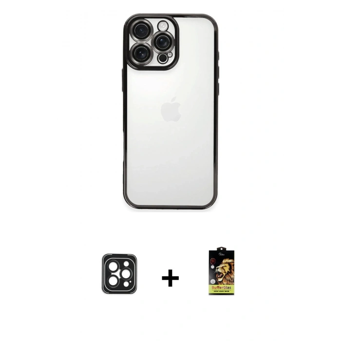 MARSİLYAN™- iPhone 16 Pro Max Kılıf Vadi Minimal - Siyah Buffer Cam Ekran Koruyucu + PVD Metal Kamera Lens - SH
