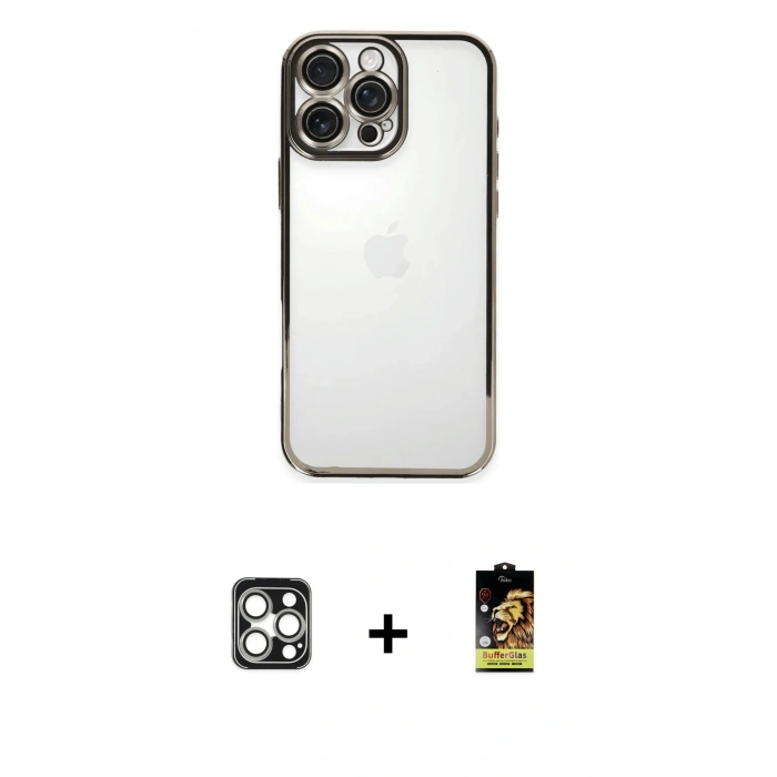 MARSİLYAN™- iPhone 16 Pro Max Kılıf Vadi Minimal - Siyah Buffer Cam Ekran Koruyucu + PVD Metal Kamera Lens - GS