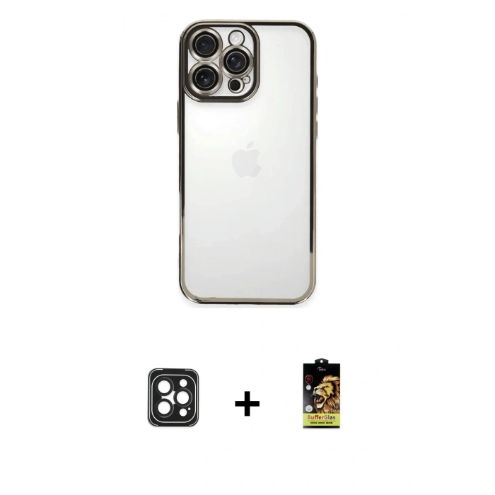 MARSİLYAN™- iPhone 16 Pro Max Kılıf Vadi Minimal - Siyah Buffer Cam Ekran Koruyucu + PVD Metal Kamera Lens - SH