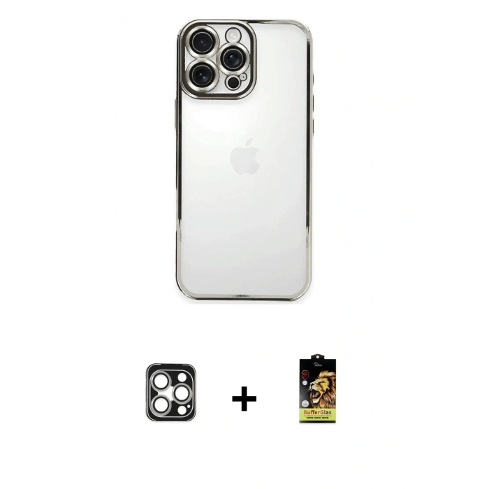 MARSİLYAN™- iPhone 16 Pro Max Kılıf Vadi Minimal - Siyah Buffer Cam Ekran Koruyucu + PVD Metal Kamera Lens - GS