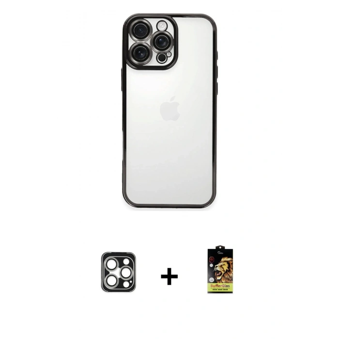 MARSİLYAN™- iPhone 16 Pro Max Kılıf Vadi Minimal - Siyah Buffer Cam Ekran Koruyucu + PVD Metal Kamera Lens - GS