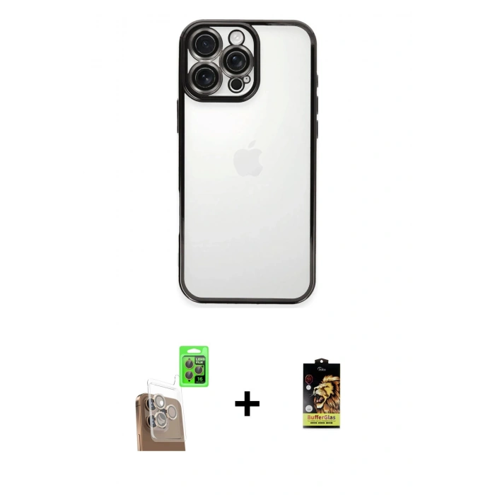 MARSİLYAN™- iPhone 16 Pro Max Kılıf Vadi Minimal - Siyah Buffer Cam Ekran Koruyucu + Raze Metal Kamera Lens - CLTM