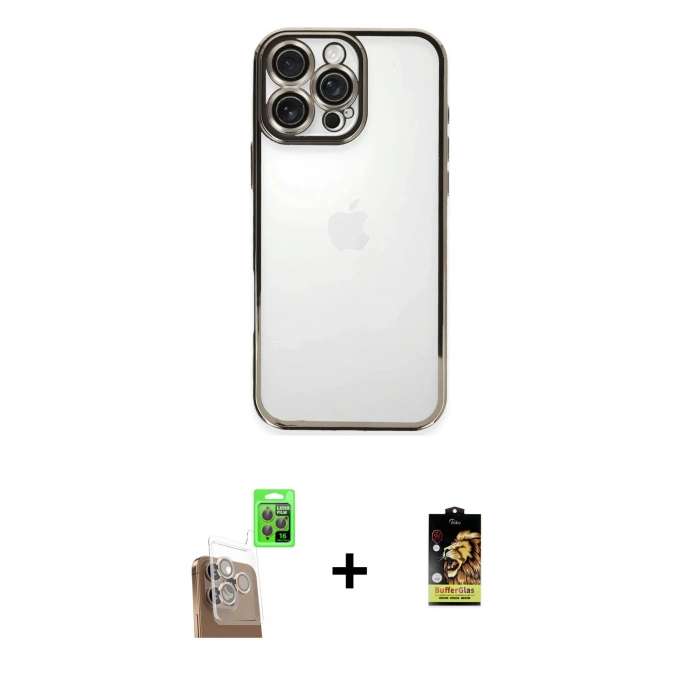 MARSİLYAN™- iPhone 16 Pro Max Kılıf Vadi Minimal - Siyah Buffer Cam Ekran Koruyucu + Raze Metal Kamera Lens - CLTM