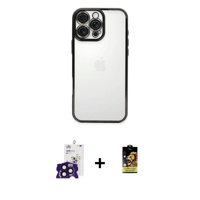 MARSİLYAN™- iPhone 16 Pro Max Kılıf Vadi Minimal - Siyah Buffer Cam Ekran Koruyucu + Bilvis Titan Kamera Lens - SH