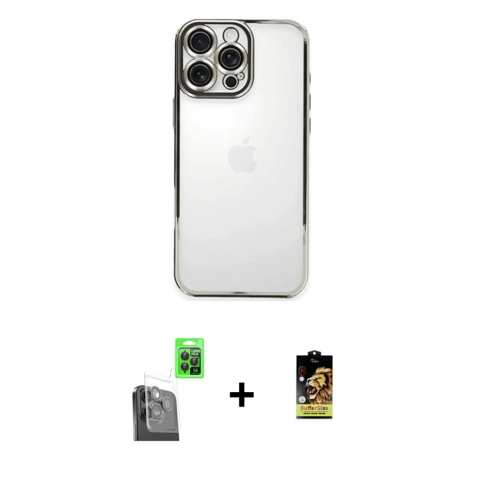 MARSİLYAN™- iPhone 16 Pro Max Kılıf Vadi Minimal - Siyah Buffer Cam Ekran Koruyucu + Raze Metal Kamera Lens - SH