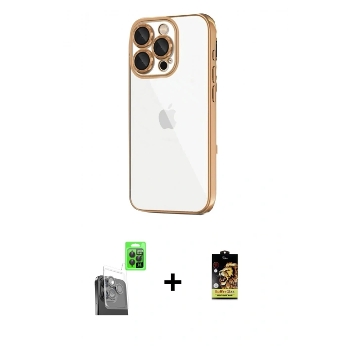 MARSİLYAN™- iPhone 16 Pro Max Kılıf Vadi Minimal - Siyah Buffer Cam Ekran Koruyucu + Raze Metal Kamera Lens - SH
