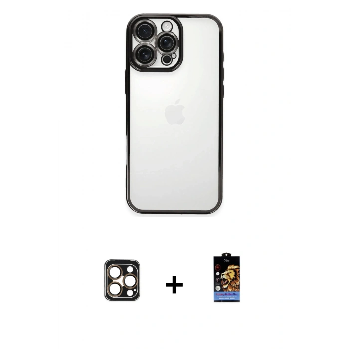 MARSİLYAN™- iPhone 16 Pro Max Kılıf Vadi Minimal - Siyah Buffer Hayalet Cam Ekran Koruyucu + PVD Metal Kamera Lens - GD