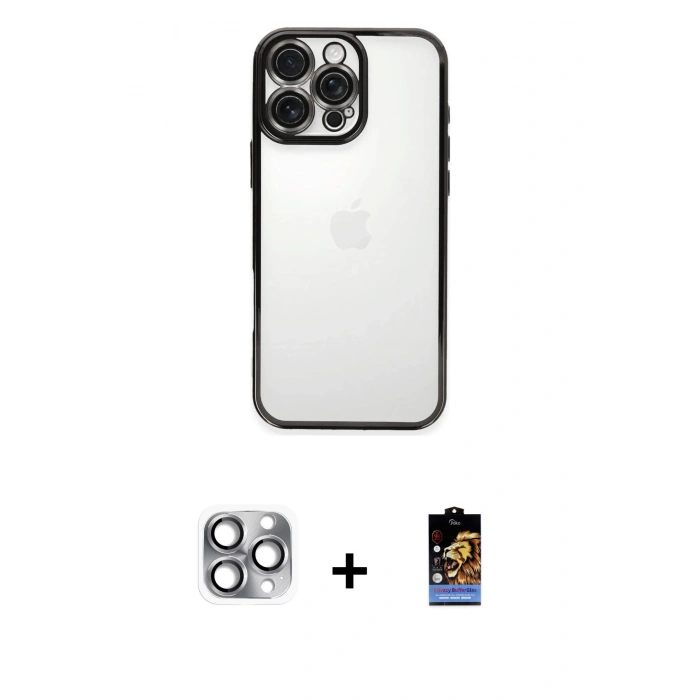 MARSİLYAN™- iPhone 16 Pro Max Kılıf Vadi Minimal - Siyah Buffer Hayalet Cam Ekran Koruyucu + Gri Pers Alüminyum Kamera Lens