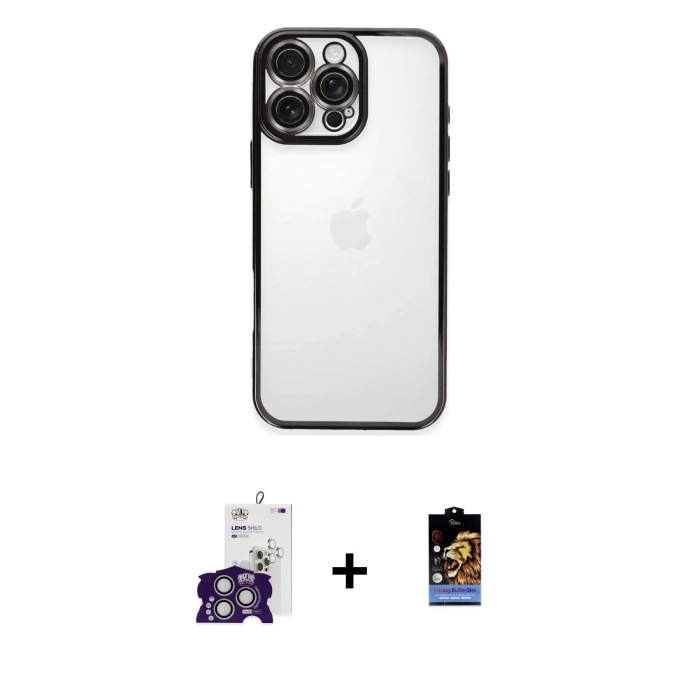 MARSİLYAN™- iPhone 16 Pro Max Kılıf Vadi Minimal - Siyah Buffer Hayalet Cam Ekran Koruyucu + Gümüş Bilvis Titan Kamera Lens