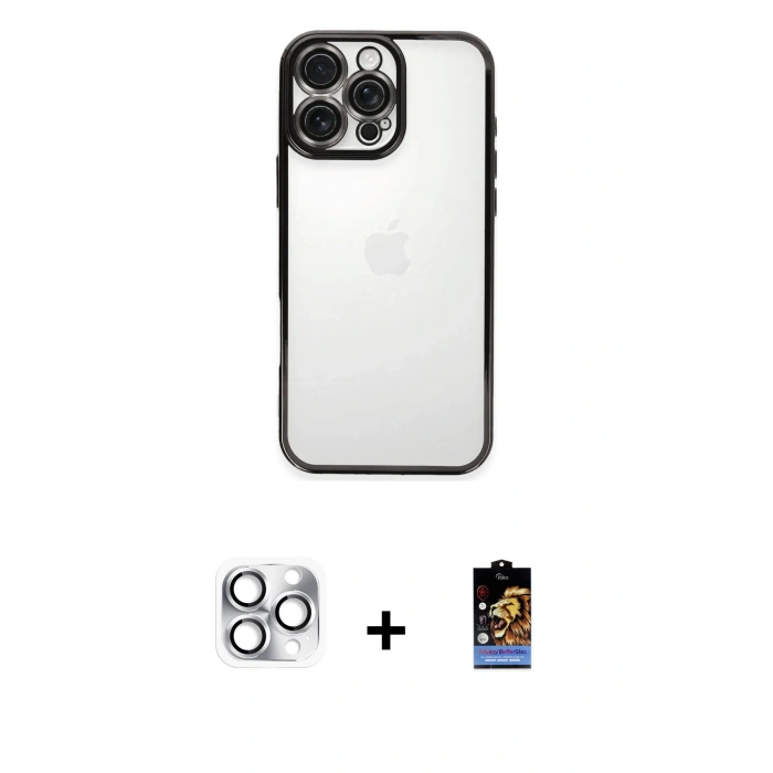 MARSİLYAN™- iPhone 16 Pro Max Kılıf Vadi Minimal - Siyah Buffer Hayalet Cam Ekran Koruyucu + Pers Alüminyum Kamera Lens - GS