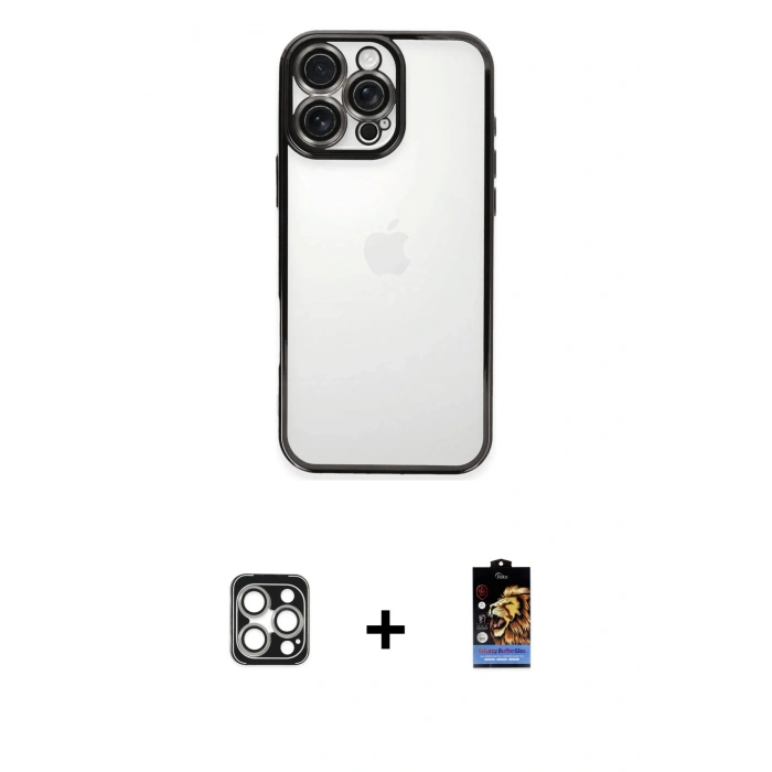 MARSİLYAN™- iPhone 16 Pro Max Kılıf Vadi Minimal - Siyah Buffer Hayalet Cam Ekran Koruyucu + PVD Metal Kamera Lens - GS