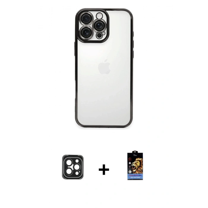MARSİLYAN™- iPhone 16 Pro Max Kılıf Vadi Minimal - Siyah Buffer Hayalet Cam Ekran Koruyucu + PVD Metal Kamera Lens - SH