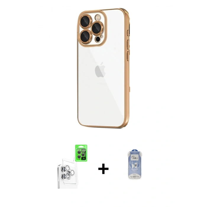 MARSİLYAN™- iPhone 16 Pro Max Kılıf Vadi Minimal - Siyah Joko Magic 5D Cam + Beyaz Raze Metal Kamera Lens