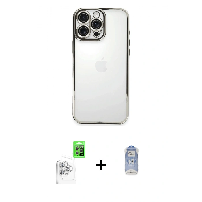 MARSİLYAN™- iPhone 16 Pro Max Kılıf Vadi Minimal - Siyah Joko Magic 5D Cam + Beyaz Raze Metal Kamera Lens