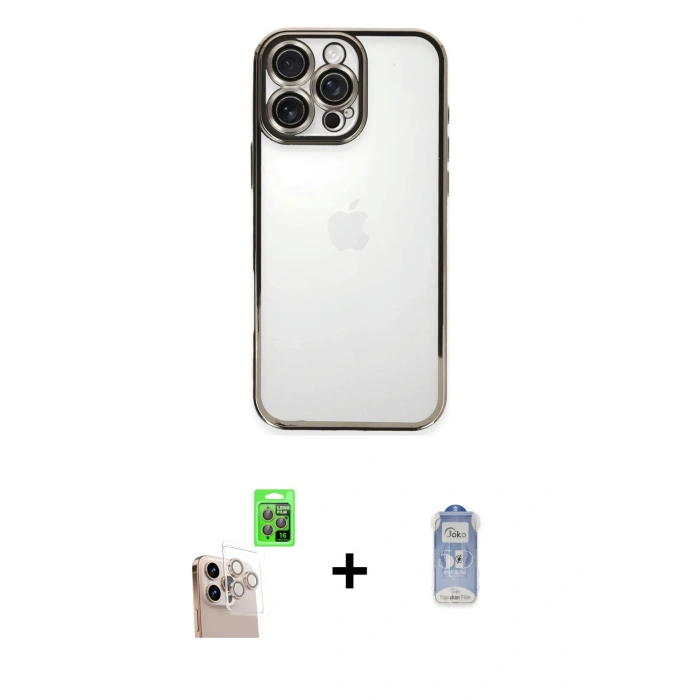 MARSİLYAN™- iPhone 16 Pro Max Kılıf Vadi Minimal - Siyah Joko Magic 5D Cam + Natural Grey Raze Metal Kamera Lens